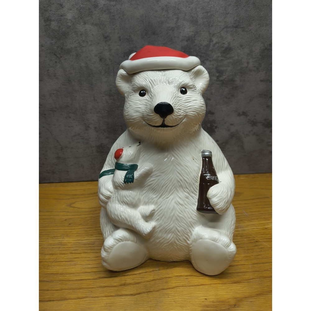 Vintage 1998 Coca Cola Company Teleflora Polar Bear Santa Hat Cookie Jar